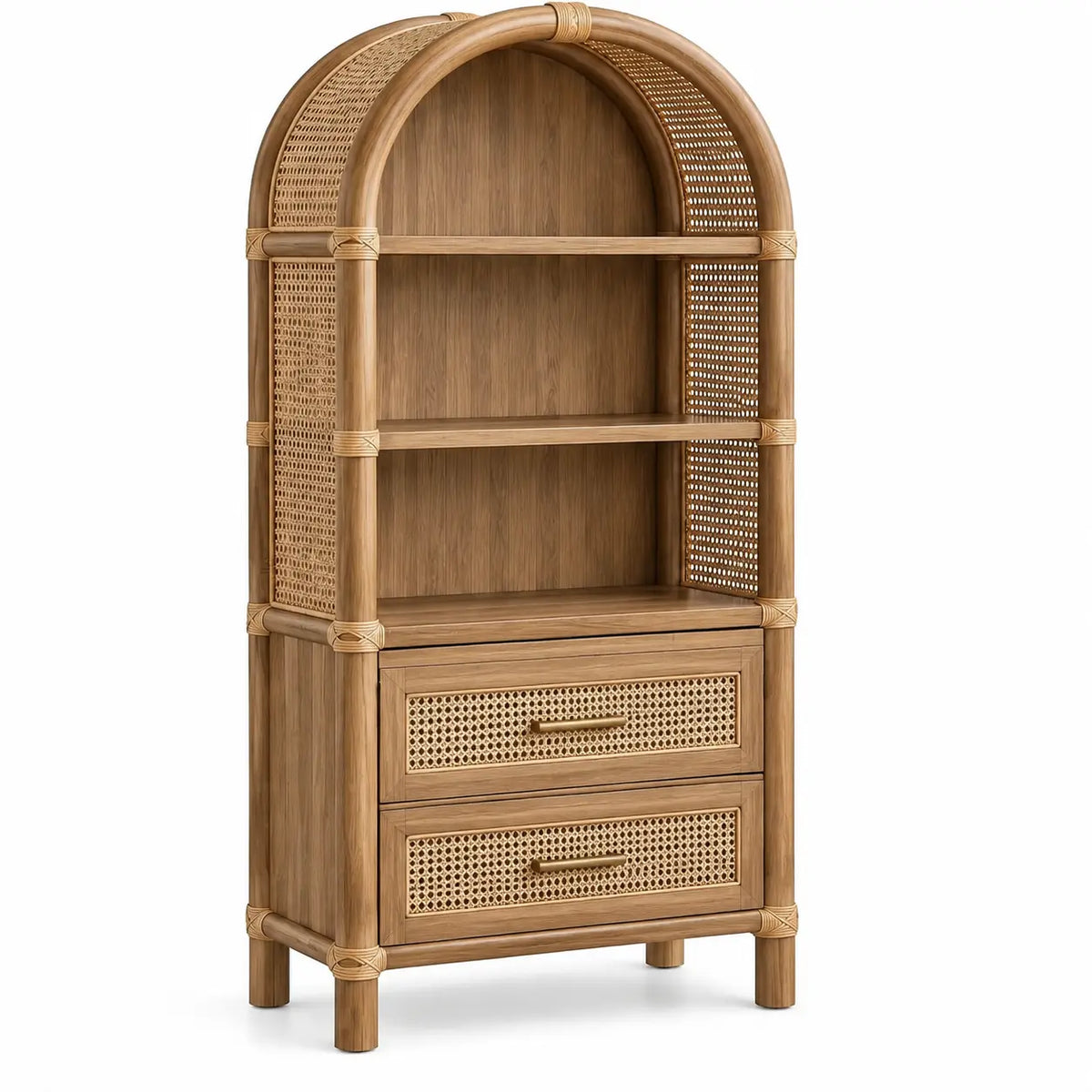 Estantería con almacenamiento con formas arqueadas y cajones, marrón