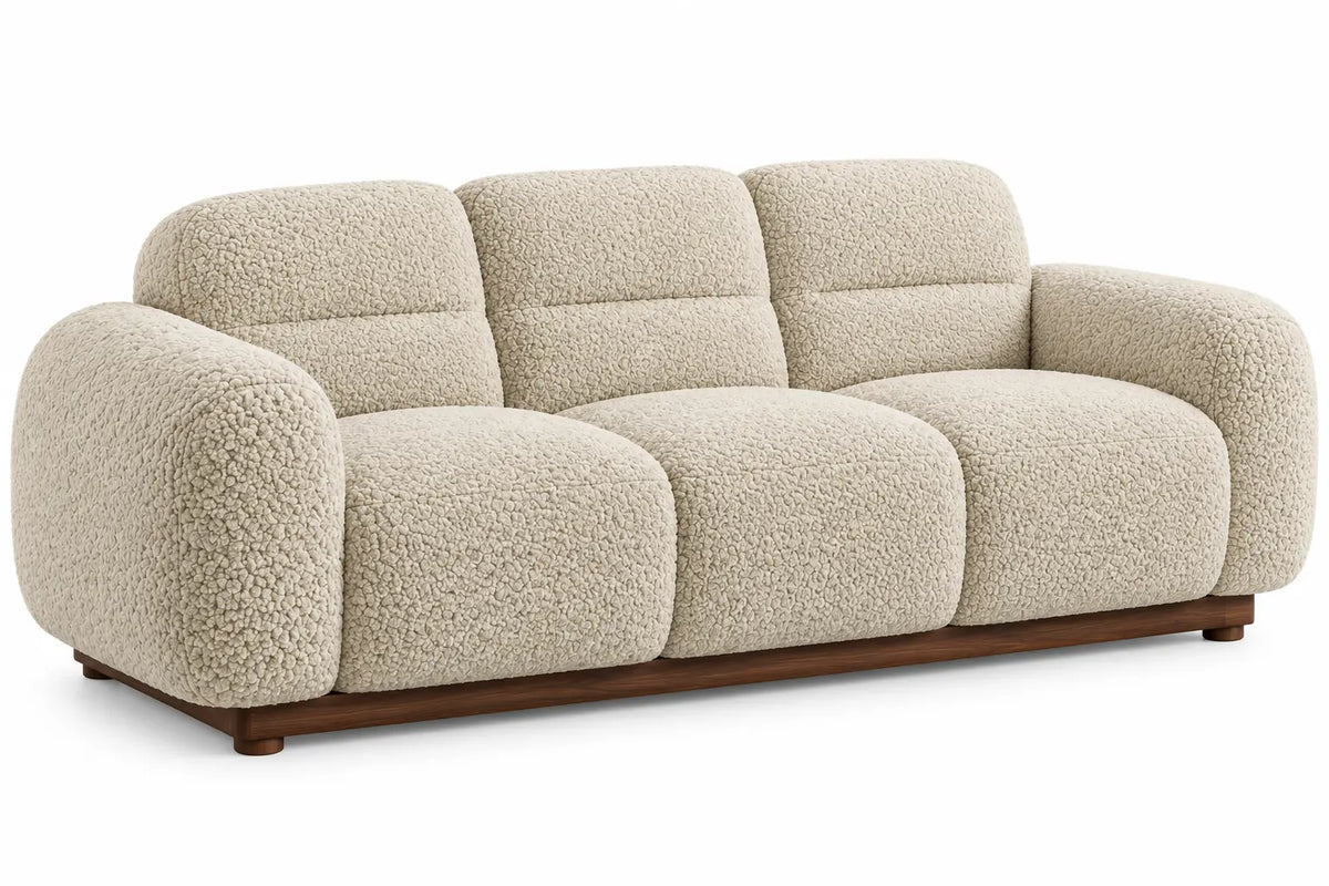 Sofá tapizado con botones decorativos, beige y marrón