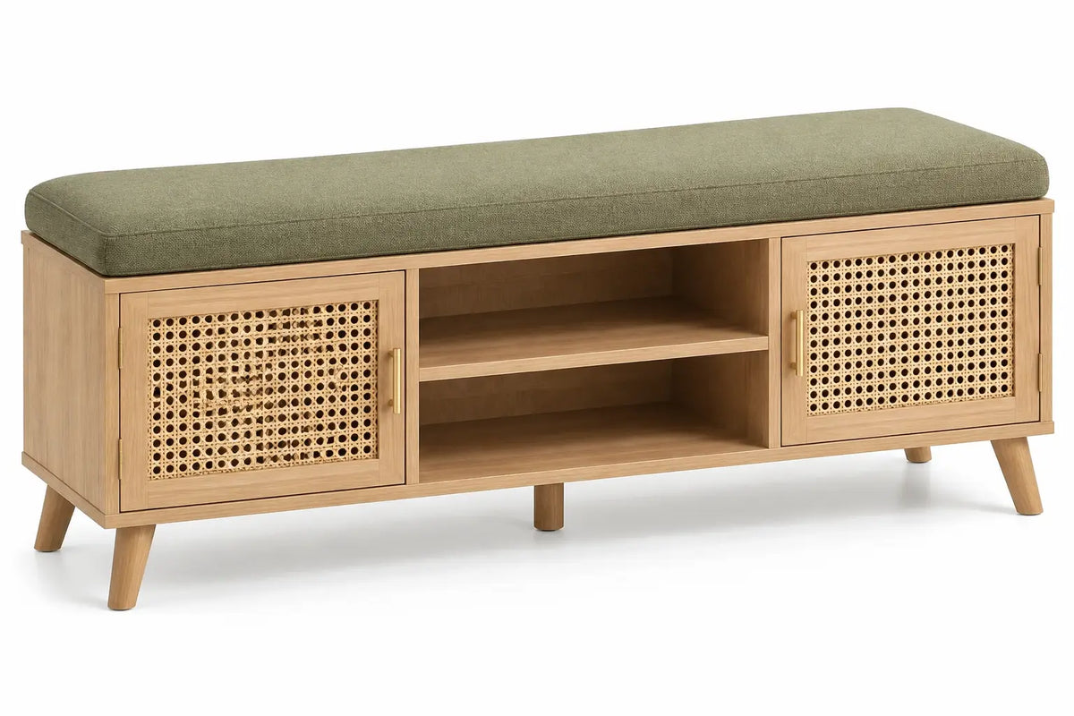 Banco con asiento acolchado con detalles de entramado y estantes, verde y marrón