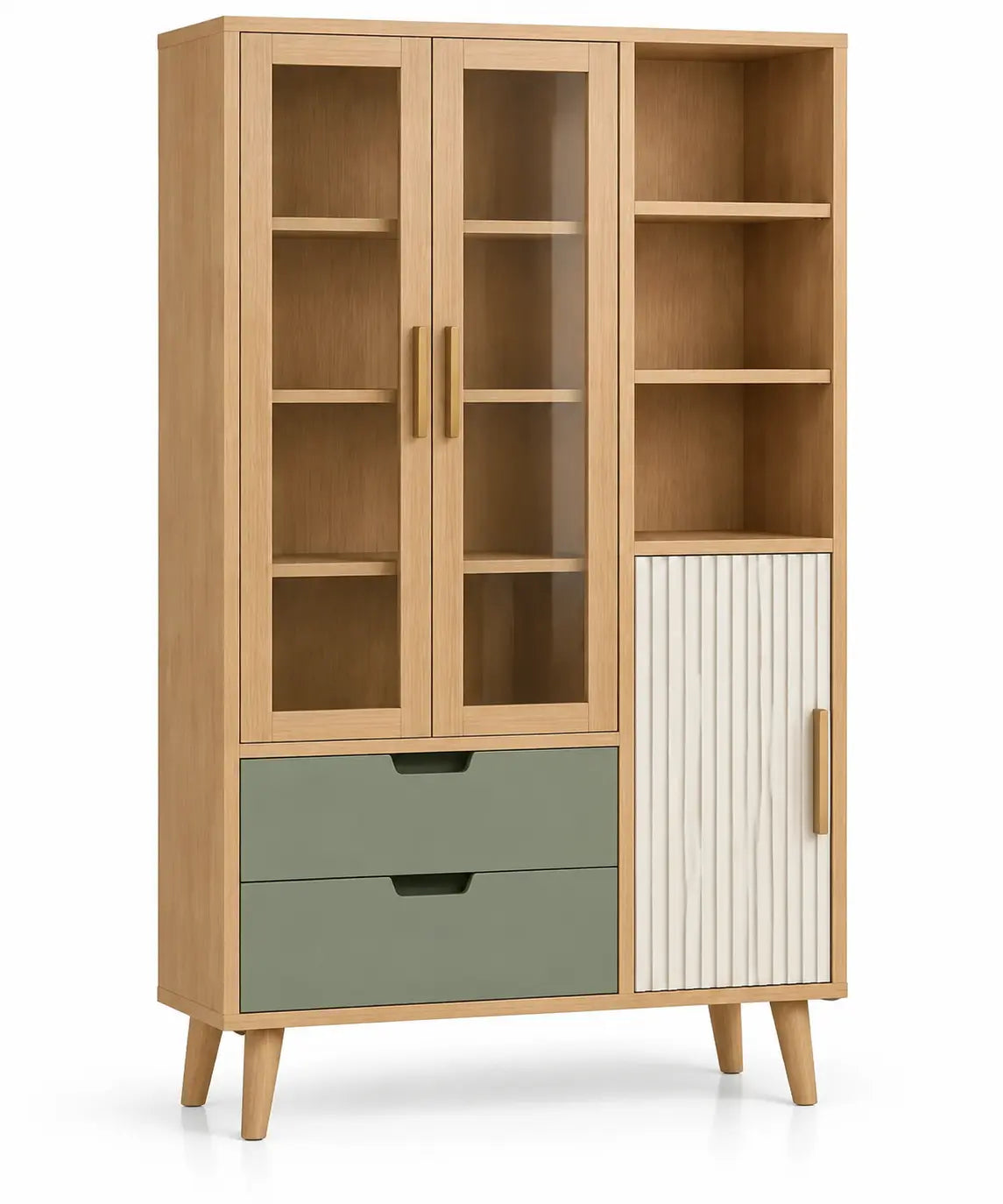 Estantería con almacenamiento con puertas acristaladas, marrón, blanco y verde