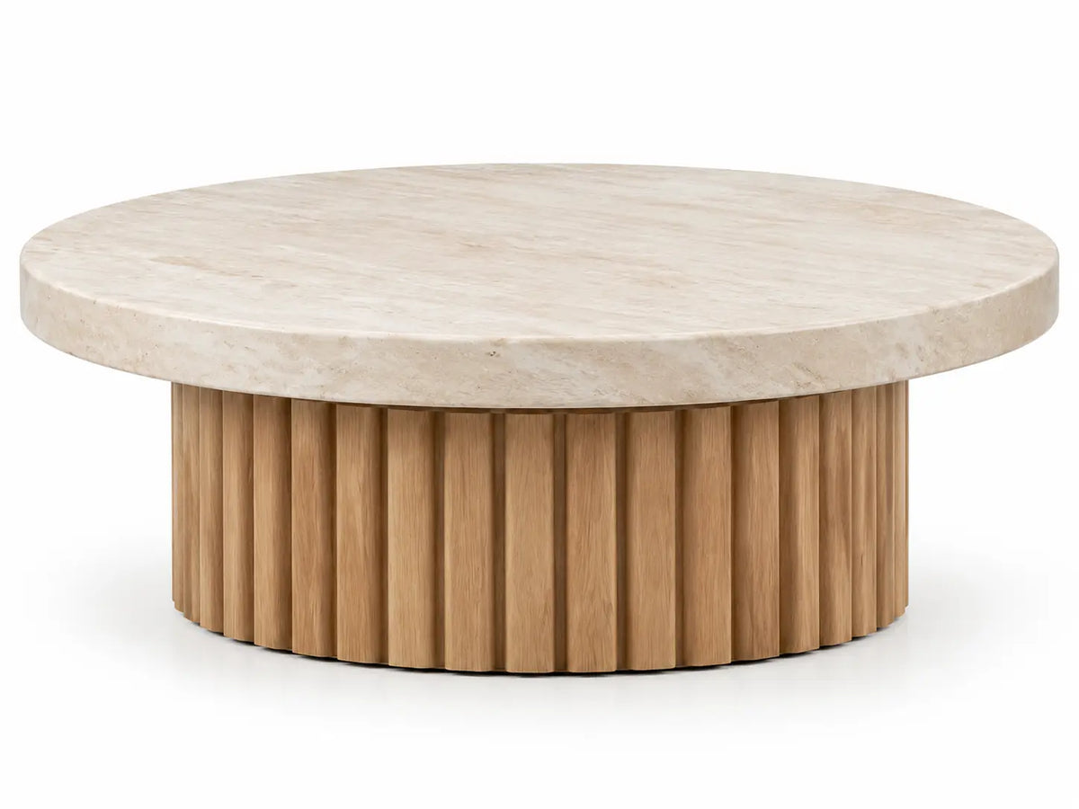 Mesa de centro de contorno redondeado, beige y marrón