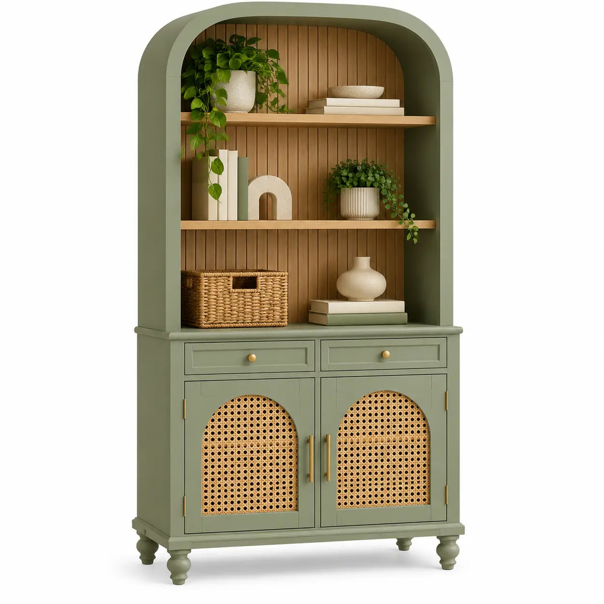Estantería con almacenamiento con formas arqueadas y detalles de entramado, verde y marrón