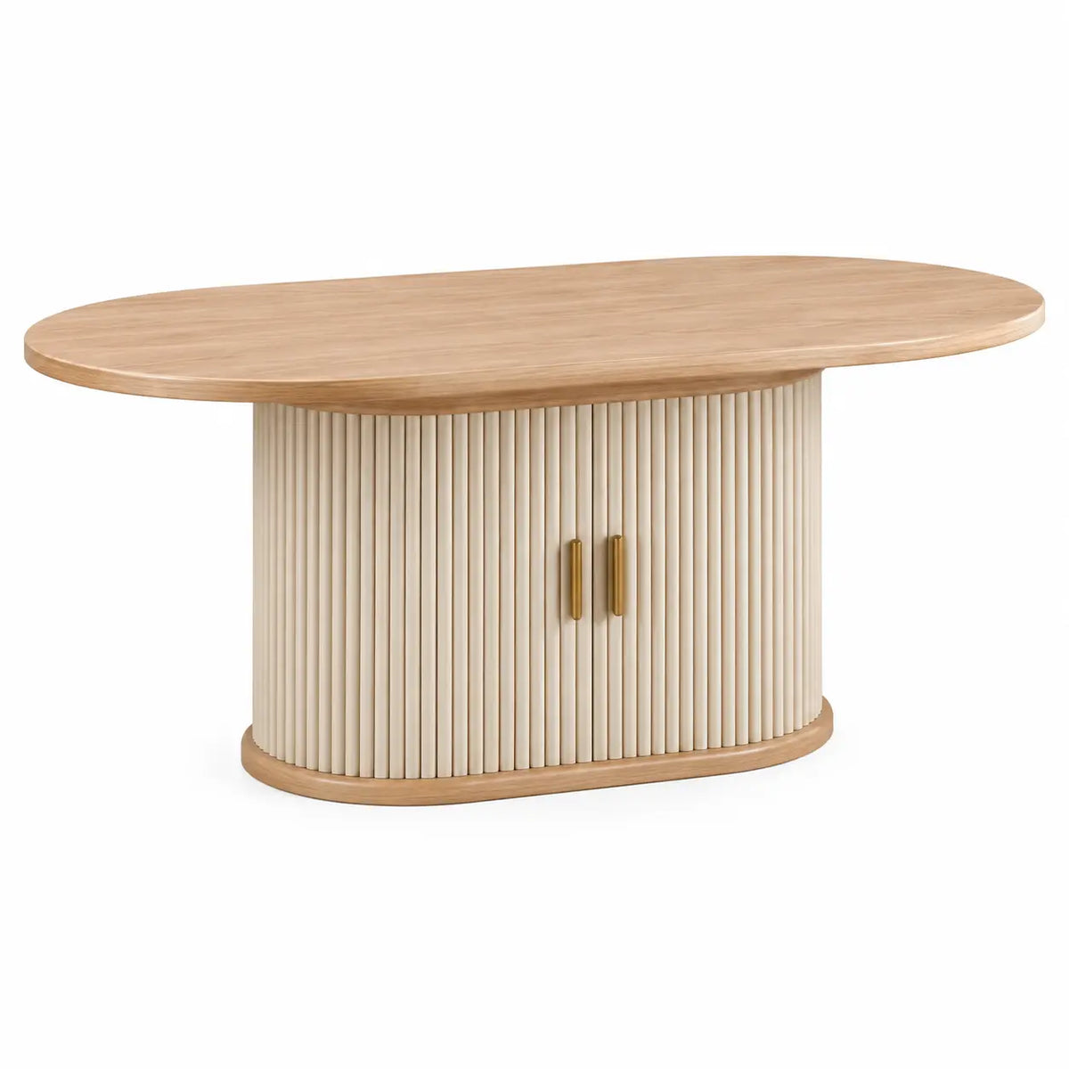 Mesa de comedor de contorno redondeado, blanco y marrón