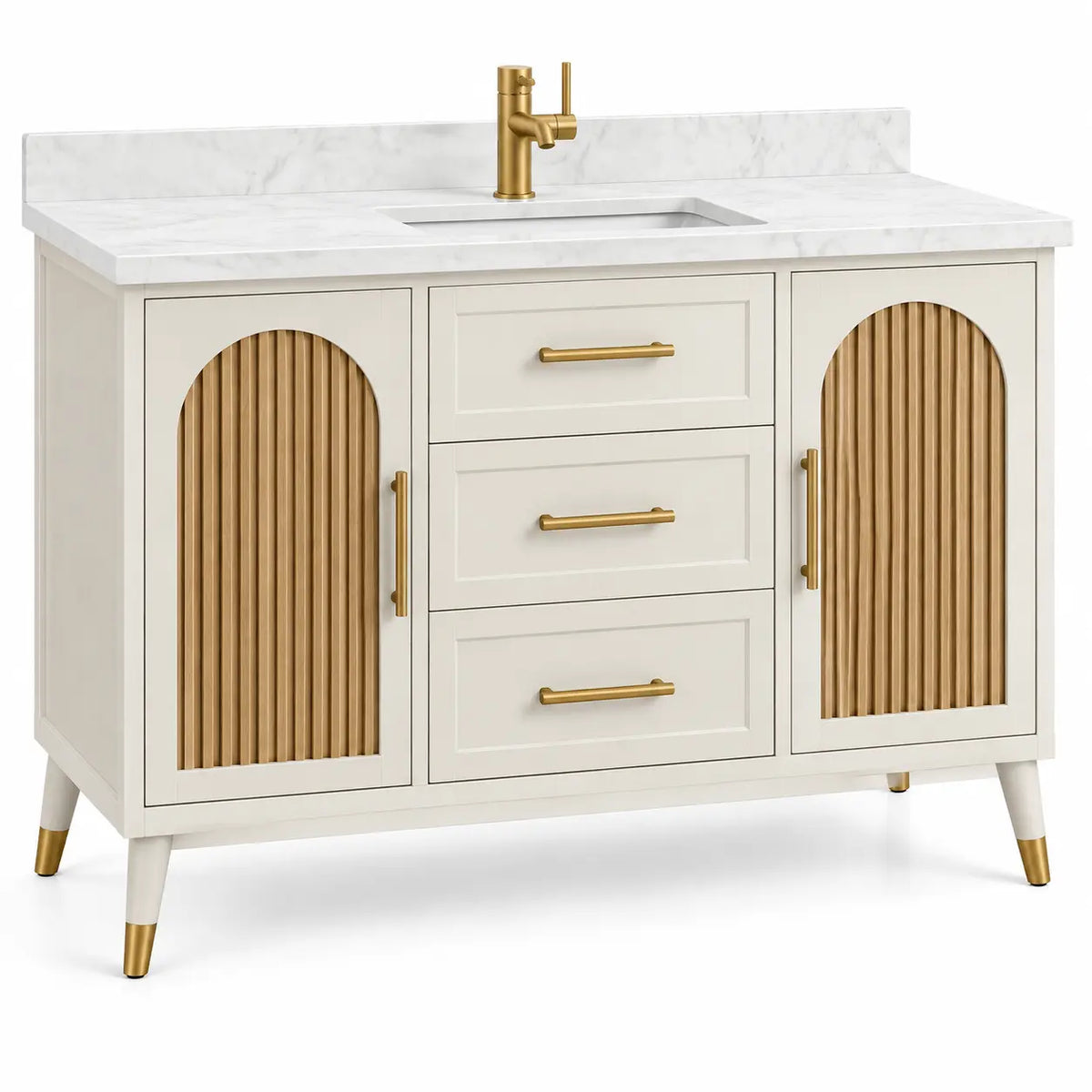 Mueble de baño con lavabo con detalles de líneas verticales y cajones, blanco y marrón