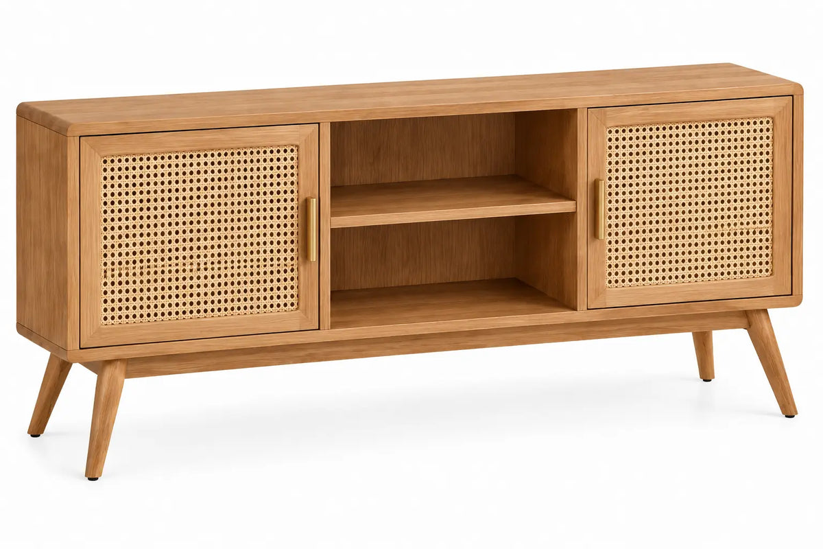 Mueble bajo para televisión con detalles de entramado y estantes, marrón